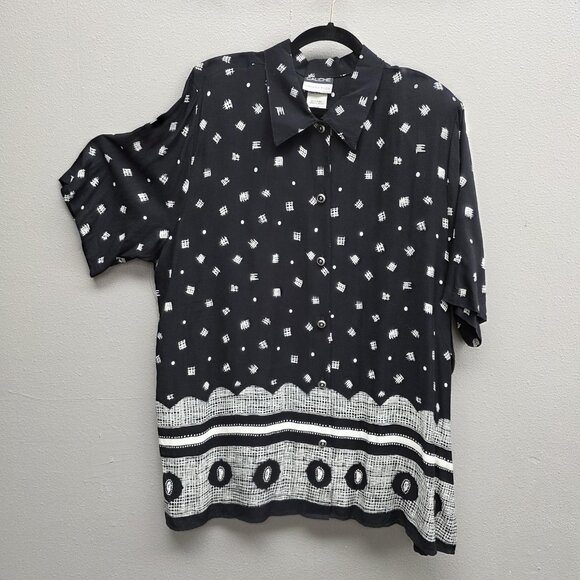 Vintage Caliche Collection Shirt Womens 18W Black White Rayon Button Up 90s USA - Picture 1 of 10